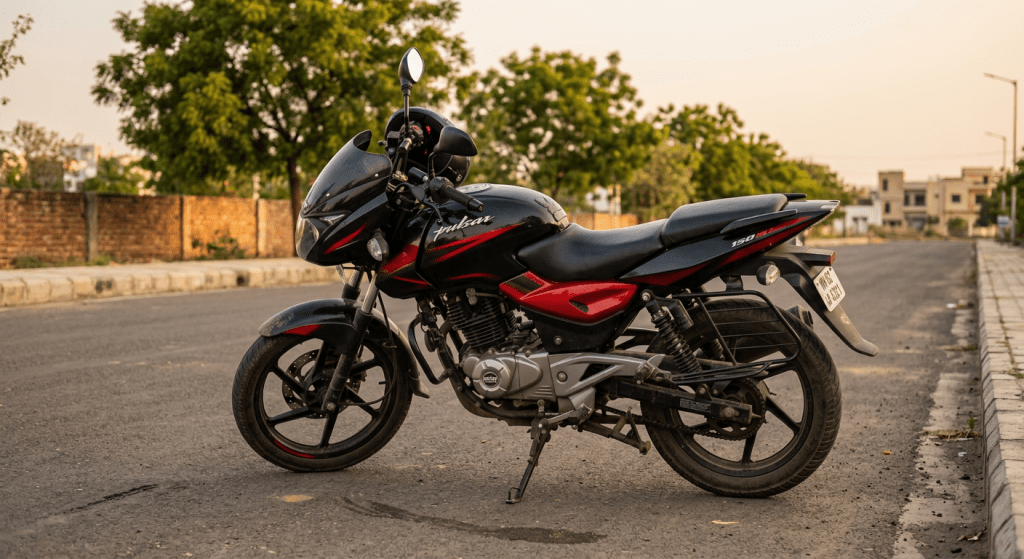 Black and red Bajaj Pulsar 150 motorcycle parked on an urban road with trees and buildings in the background