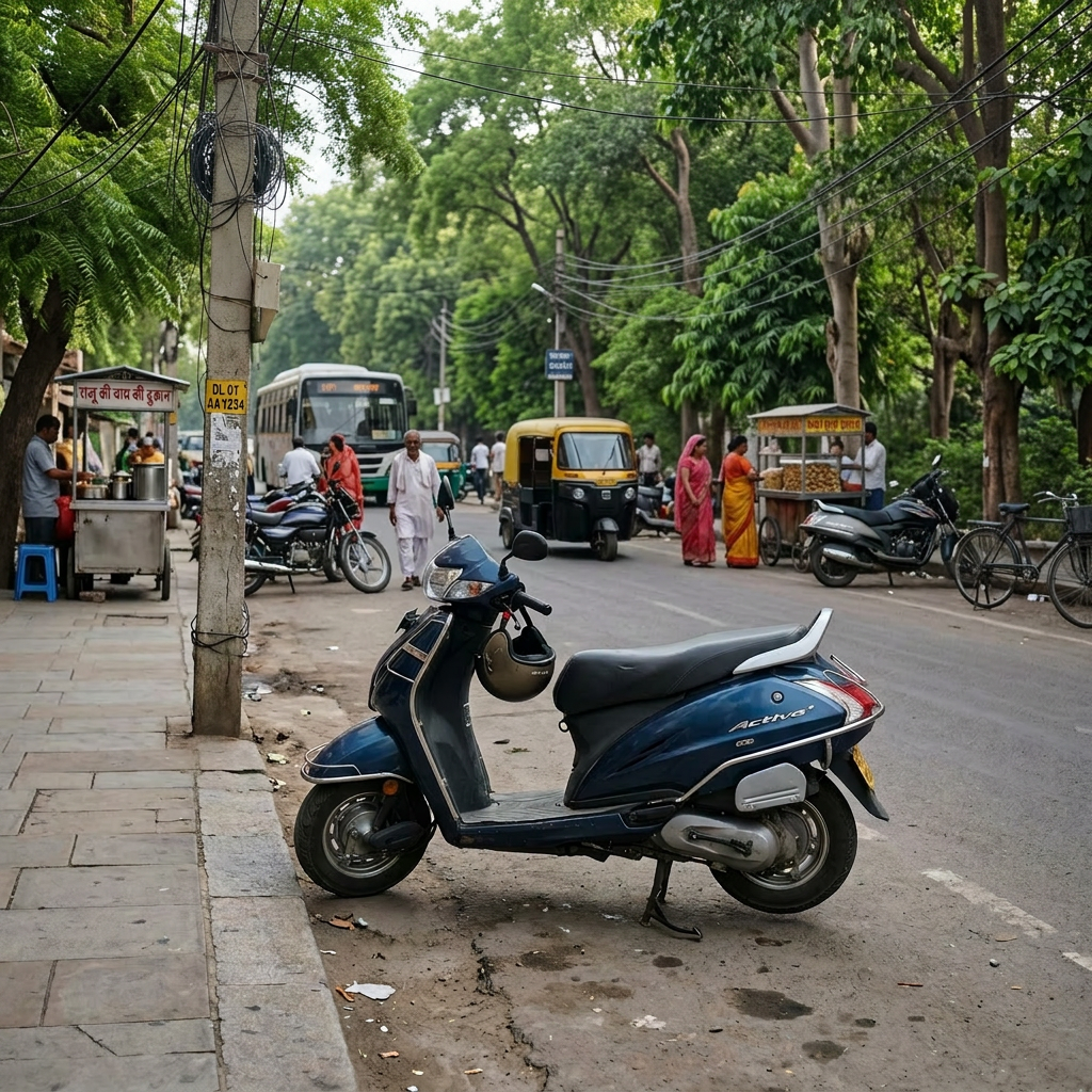 Blue scooter parked on a busy street with shops, pedestrians, and auto-rickshaws